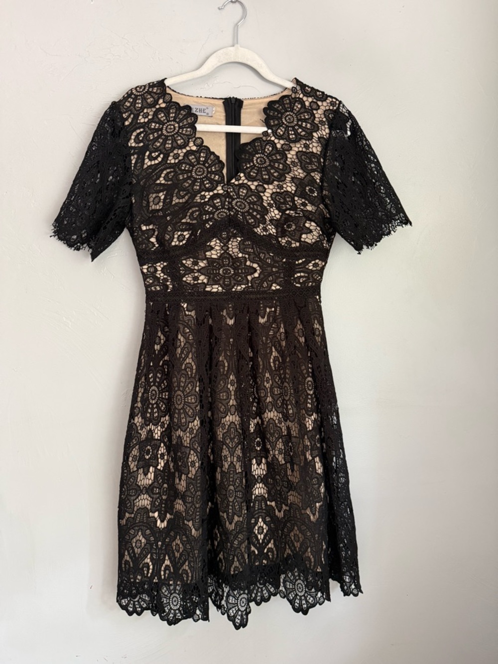 Black Lace Nude Lined Fit & Flare Dress Short Sleeve Size L